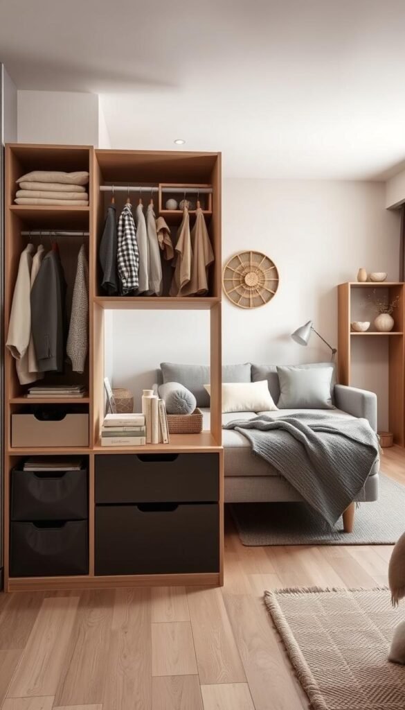 A cozy, well-lit bedroom featuring a multifunctional storage unit in the foreground. The unit has a combination of drawers, shelves, and hidden compartments, providing ample space for clothes, books, and decor. In the middle ground, a convertible sofa-bed sits against the wall, seamlessly transitioning from a daytime seating area to a nighttime sleeping space. The background showcases a minimalist, Scandinavian-inspired design with neutral tones and natural accents, creating a serene and inviting atmosphere. The lighting is soft and warm, accentuating the functionality and versatility of the furniture pieces. A cozy, well-lit bedroom featuring a multifunctional storage unit in the foreground. The unit has a combination of drawers, shelves, and hidden compartments, providing ample space for clothes, books, and decor. In the middle ground, a convertible sofa-bed sits against the wall, seamlessly transitioning from a daytime seating area to a nighttime sleeping space. The background showcases a minimalist, Scandinavian-inspired design with neutral tones and natural accents, creating a serene and inviting atmosphere. The lighting is soft and warm, accentuating the functionality and versatility of the furniture pieces.