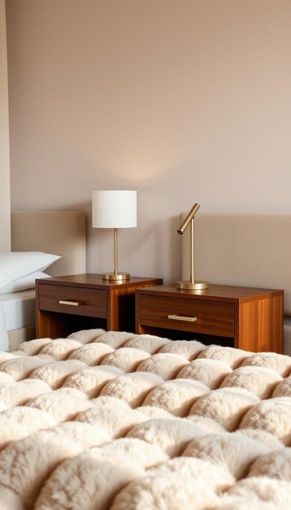 A cozy, well-lit bedroom scene featuring a pair of elegant wooden nightstands with sleek, modern designs. The nightstands are adorned with subtle, minimalist lamps, providing a soft, warm glow. In the foreground, a plush, tufted upholstered headboard in a neutral, calming color creates a focal point. The middle ground showcases a fluffy, inviting bedspread in a complementary hue, adding depth and texture to the composition. The background features muted, neutral-toned walls, creating a serene, harmonious atmosphere. The entire scene is captured with a wide-angle lens, highlighting the balance and proportions of the bedroom furniture.