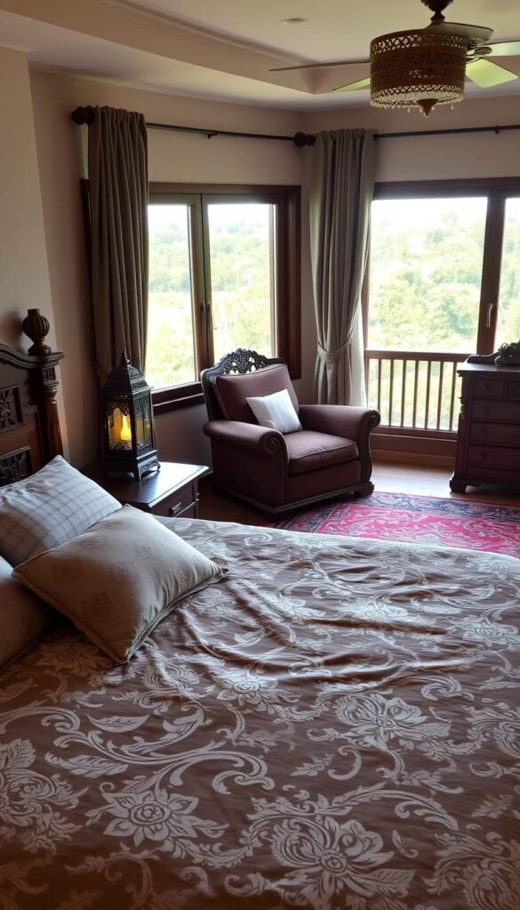 A cozy, well-lit bedroom set showcasing the diverse design styles of Pakistani furniture. The foreground features a king-sized bed with a plush, intricately patterned duvet and matching pillows. Beside it, a carved wooden nightstand holds a traditional Pakistani lantern, casting a warm glow. In the middle ground, a richly-upholstered armchair and a carved wooden dresser with intricate floral carvings complement the space. The background depicts a vibrant, hand-woven area rug and a large window overlooking a lush, verdant landscape, allowing natural light to flood the room. The overall atmosphere exudes cultural richness, comfort, and a harmonious blend of traditional and modern elements. A cozy, well-lit bedroom set showcasing the diverse design styles of Pakistani furniture. The foreground features a king-sized bed with a plush, intricately patterned duvet and matching pillows. Beside it, a carved wooden nightstand holds a traditional Pakistani lantern, casting a warm glow. In the middle ground, a richly-upholstered armchair and a carved wooden dresser with intricate floral carvings complement the space. The background depicts a vibrant, hand-woven area rug and a large window overlooking a lush, verdant landscape, allowing natural light to flood the room. The overall atmosphere exudes cultural richness, comfort, and a harmonious blend of traditional and modern elements.