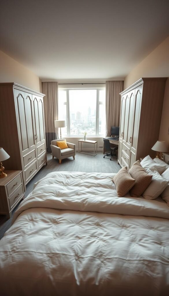A cozy, well-lit bedroom showcasing its diverse functions. In the foreground, a plush king-size bed invites relaxation, with nightstands on either side holding reading lamps and personal items. In the middle ground, a spacious wardrobe and dresser provide ample storage for clothing and accessories. The background features a large window, allowing natural light to flood the room and create a serene, airy atmosphere. A comfortable armchair by the window suggests a quiet reading nook, while a small desk in the corner hints at a dedicated workspace. Soft textures, muted tones, and tasteful decor elements combine to deliver a harmonious and multifunctional bedroom design. A cozy, well-lit bedroom showcasing its diverse functions. In the foreground, a plush king-size bed invites relaxation, with nightstands on either side holding reading lamps and personal items. In the middle ground, a spacious wardrobe and dresser provide ample storage for clothing and accessories. The background features a large window, allowing natural light to flood the room and create a serene, airy atmosphere. A comfortable armchair by the window suggests a quiet reading nook, while a small desk in the corner hints at a dedicated workspace. Soft textures, muted tones, and tasteful decor elements combine to deliver a harmonious and multifunctional bedroom design.