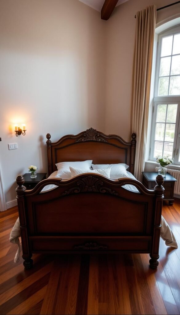 A cozy, well-lit bedroom with a beautifully crafted wooden bed as the focal point. The bed is positioned in the center of the frame, its headboard adorned with intricate carvings that catch the warm, ambient lighting from a pair of sconces mounted on the walls. Soft, neutral-toned bedding and pillows create a serene and inviting atmosphere. The room features hardwood floors and minimal, tasteful decor, drawing the eye toward the bed as the central element. A large window in the background allows natural light to filter in, casting a gentle glow throughout the space. The camera angle is slightly elevated, providing a clear and unobstructed view of the bed's placement and design. A cozy, well-lit bedroom with a beautifully crafted wooden bed as the focal point. The bed is positioned in the center of the frame, its headboard adorned with intricate carvings that catch the warm, ambient lighting from a pair of sconces mounted on the walls. Soft, neutral-toned bedding and pillows create a serene and inviting atmosphere. The room features hardwood floors and minimal, tasteful decor, drawing the eye toward the bed as the central element. A large window in the background allows natural light to filter in, casting a gentle glow throughout the space. The camera angle is slightly elevated, providing a clear and unobstructed view of the bed's placement and design.
