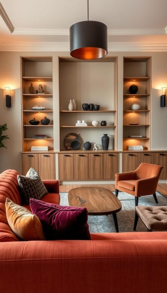 A cozy, well-lit room showcasing a harmonious arrangement of furniture pieces. In the foreground, a plush sofa in a rich, jewel-toned velvet fabric invites relaxation. Complementing it, a pair of mid-century modern armchairs in a muted, earthy tone create a cohesive color palette. In the middle ground, a wooden coffee table with a natural grain texture anchors the space. The background features sleek, built-in shelving units showcasing decorative objects in a variety of materials, including ceramic, glass, and metallic accents. Warm, diffused lighting from wall sconces and a central pendant fixture sets a sophisticated, inviting atmosphere, highlighting the carefully curated colors and textures of the room's furnishings.