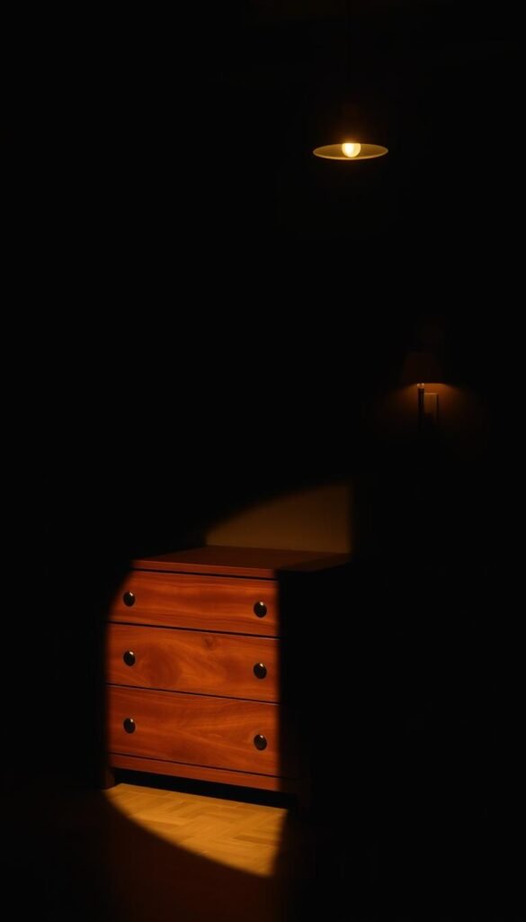A dimly lit bedroom with a focus on a dark wood dresser and nightstand. The furniture is bathed in warm, soft lighting from a pair of sconces mounted above, casting a golden glow that accentuates the natural grain and texture of the wood. A single pendant light hangs overhead, providing a subtle accent. The room is shrouded in shadows, creating a cozy, intimate atmosphere that highlights the elegant, sophisticated nature of the dark wood furniture.