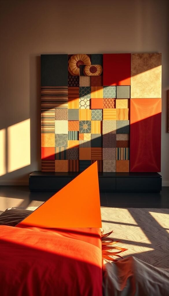 A dramatic geometric arrangement of vibrant sunmica panels, casting dynamic shadows and reflections. The foreground features a bold, angular sunmica composition in a striking color palette, with sharp edges and clean lines. The middle ground showcases a variety of sunmica textures and patterns, arranged in a captivating geometric mosaic. The background is a minimalist, studio-like setting with warm, directional lighting that accentuates the depth and dimensionality of the sunmica designs. The overall mood is one of modern, refined sophistication, designed to make a bold statement in a bedroom setting. A dramatic geometric arrangement of vibrant sunmica panels, casting dynamic shadows and reflections. The foreground features a bold, angular sunmica composition in a striking color palette, with sharp edges and clean lines. The middle ground showcases a variety of sunmica textures and patterns, arranged in a captivating geometric mosaic. The background is a minimalist, studio-like setting with warm, directional lighting that accentuates the depth and dimensionality of the sunmica designs. The overall mood is one of modern, refined sophistication, designed to make a bold statement in a bedroom setting.