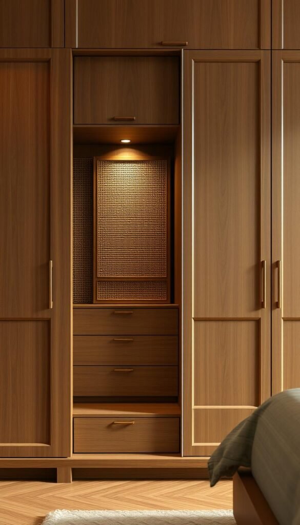 A finely crafted wardrobe design showcasing a harmonious blend of materials. In the foreground, a sleek wooden frame with intricate joinery forms the base, its warm tones contrasting beautifully with the smooth, matte finish of the cabinet doors. Nestled within, a middle layer of woven rattan panels adds textural depth and a touch of organic elegance. The background features a subtle, ambient lighting that casts a soft glow, highlighting the interplay of materials and accentuating the overall design's refined aesthetic. The entire composition exudes a sense of luxurious simplicity, perfectly suited for a master bedroom's material combination wardrobe design. A finely crafted wardrobe design showcasing a harmonious blend of materials. In the foreground, a sleek wooden frame with intricate joinery forms the base, its warm tones contrasting beautifully with the smooth, matte finish of the cabinet doors. Nestled within, a middle layer of woven rattan panels adds textural depth and a touch of organic elegance. The background features a subtle, ambient lighting that casts a soft glow, highlighting the interplay of materials and accentuating the overall design's refined aesthetic. The entire composition exudes a sense of luxurious simplicity, perfectly suited for a master bedroom's material combination wardrobe design.