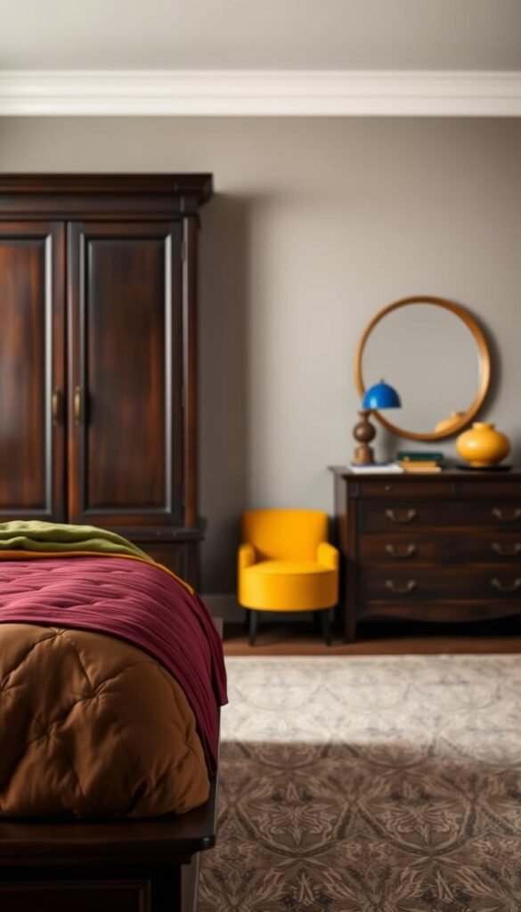 A finely curated color palette to complement a dark wood bedroom suite, capturing the rich warmth and depth of the furniture. The foreground features a harmonious blend of earthy tones - deep burgundy, forest green, and touches of golden ochre. The middle ground showcases vibrant accent colors, such as a royal blue and a vibrant mustard yellow, adding dynamic contrast. In the background, a muted palette of neutral grays and taupes provides a calming foundation, allowing the wood's natural beauty to shine. The lighting is soft and diffused, casting a cozy, inviting glow throughout the scene. Captured with a wide-angle lens to convey a sense of spaciousness and balance.