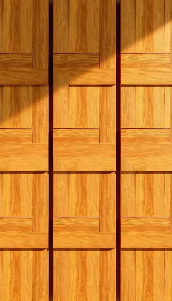 A harmonious composition of natural wood tones in a repeating geometric pattern. The foreground features a series of overlapping rectangular panels, each with a distinct wood grain texture and subtle variations in color, creating a visually captivating rhythm. The middle ground showcases a gradual transition from warmer to cooler hues, while the background subtly blends into a soft, neutral tone, allowing the wood design to take center stage. Warm, directional lighting casts gentle shadows, adding depth and dimension to the overall design. The clean, minimalist layout and lack of distractions ensure the focus remains solely on the elegant wood tone repetition.
