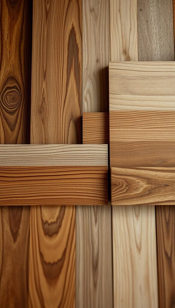 A highly detailed, close-up image of a variety of wood textures and finishes, arranged in an aesthetically pleasing, curated design. The foreground should showcase a range of wood grains, knots, and natural variations in a harmonious composition, with a soft, warm lighting that highlights the depth and character of the materials. The middle ground could include polished wood surfaces, weathered planks, and smooth sanded textures, all blending seamlessly. The background should provide a subtle, neutral backdrop, allowing the wood finishes to be the focal point. Convey a sense of sophistication, elegance, and a designer's touch, suitable for showcasing in a high-end interior design publication.