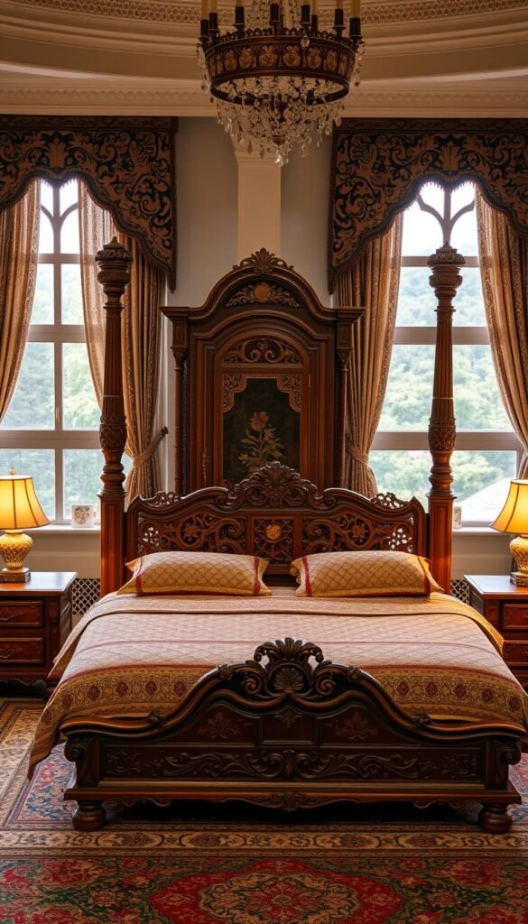 A luxurious Pakistani bedroom with intricately carved wooden furniture and plush textiles. In the foreground, a majestic four-poster bed adorned with ornate headboards and intricately woven bedding. Flanking the bed, antique wooden nightstands with intricate latticework patterns. In the middle ground, a large ornate armoire with intricate carvings and a delicate floral motif. The background features a richly patterned rug and ornate curtains that frame a window overlooking a lush, verdant landscape. Warm, soft lighting casts a cozy, inviting glow throughout the space, highlighting the cultural craftsmanship and attention to detail that defines Pakistani bedroom furniture design. A luxurious Pakistani bedroom with intricately carved wooden furniture and plush textiles. In the foreground, a majestic four-poster bed adorned with ornate headboards and intricately woven bedding. Flanking the bed, antique wooden nightstands with intricate latticework patterns. In the middle ground, a large ornate armoire with intricate carvings and a delicate floral motif. The background features a richly patterned rug and ornate curtains that frame a window overlooking a lush, verdant landscape. Warm, soft lighting casts a cozy, inviting glow throughout the space, highlighting the cultural craftsmanship and attention to detail that defines Pakistani bedroom furniture design.