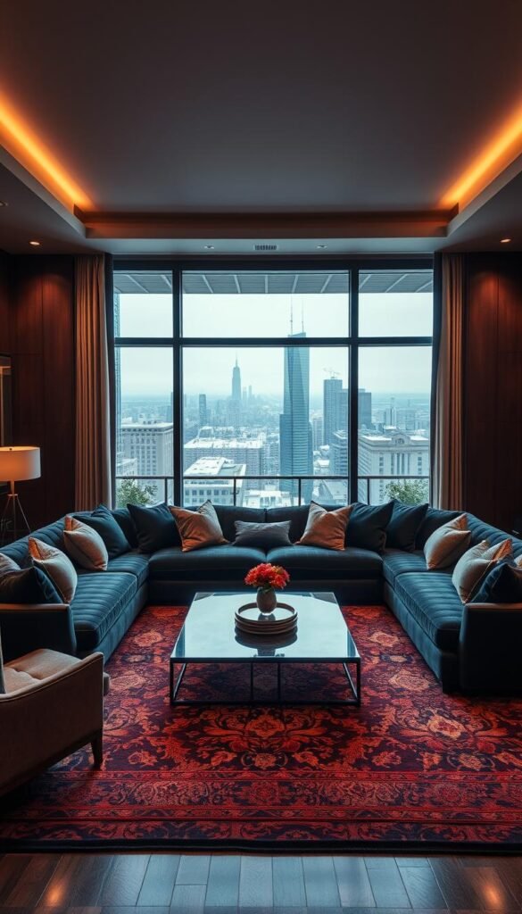 A luxurious and meticulously curated living room with statement furniture that exudes sophistication. In the foreground, a grand, L-shaped sofa in a deep, jewel-toned velvet commands attention, accentuated by plush, oversized throw pillows. Flanking the sofa, a pair of high-backed, sculptural armchairs in a complementary hue create a symmetrical, balanced composition. In the middle ground, a sleek, glass-topped coffee table with a subtle geometric design sits atop a rich, patterned area rug. The room is bathed in warm, directional lighting, creating a cozy, intimate atmosphere. In the background, floor-to-ceiling windows offer a glimpse of an urban cityscape, blurring the line between indoor and outdoor. This living room exudes a sense of refined elegance and timeless sophistication.