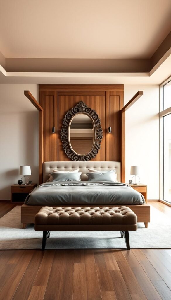 A luxurious and modern bedroom featuring a grand, wooden four-poster bed as the focal point. The bed is adorned with plush, satin sheets and a cozy duvet in a muted palette. Flanking the bed are tall, sleek nightstands with subtle lighting fixtures. In the foreground, a sumptuous, tufted bench sits at the foot of the bed, inviting relaxation. The middle ground showcases a large, ornate mirror that reflects the scene, adding depth and dimension. The background features minimalist, floor-to-ceiling windows that flood the space with warm, natural light, creating a serene and inviting atmosphere.