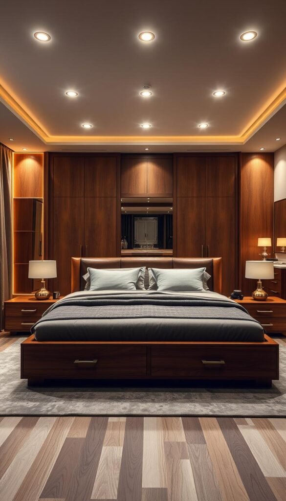 A luxurious bedroom set with a sleek, modern design. In the foreground, a plush king-sized bed with a sturdy wooden headboard and high-quality linens. Surrounding the bed, a matching set of nightstands with sleek drawers and elegant table lamps. In the middle ground, a spacious wardrobe with ample storage space and a full-length mirror. In the background, a stylish dresser with a marble top and a large mirror above it. The room is filled with warm, diffused lighting from recessed ceiling fixtures, creating a cozy and inviting atmosphere. The overall color palette is a mix of rich, earthy tones and soft, neutral hues, complementing the high-end materials and finishes. A luxurious bedroom set with a sleek, modern design. In the foreground, a plush king-sized bed with a sturdy wooden headboard and high-quality linens. Surrounding the bed, a matching set of nightstands with sleek drawers and elegant table lamps. In the middle ground, a spacious wardrobe with ample storage space and a full-length mirror. In the background, a stylish dresser with a marble top and a large mirror above it. The room is filled with warm, diffused lighting from recessed ceiling fixtures, creating a cozy and inviting atmosphere. The overall color palette is a mix of rich, earthy tones and soft, neutral hues, complementing the high-end materials and finishes.