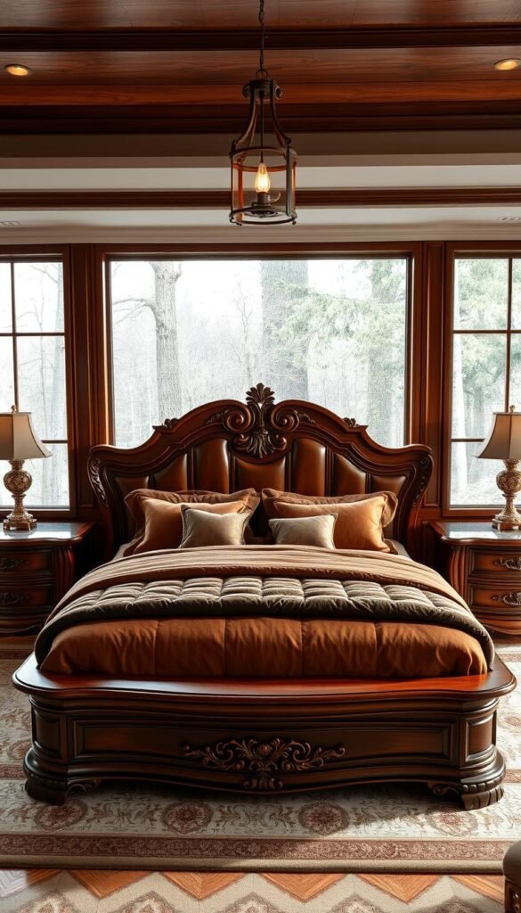 A luxurious bedroom set with a warm, inviting atmosphere. A heavy, solid wood king-size bed frame with intricate carved details takes center stage, flanked by matching nightstands with glass or marble tops. Plush bedding in rich, earthy tones creates a cozy, high-end aesthetic. The scene is bathed in soft, diffused lighting from a pair of elegant pendant lamps, their gentle glow reflecting off the polished wood surfaces. In the background, a large window offers a glimpse of a serene, wooded landscape, further enhancing the sense of tranquility. The overall impression is one of timeless sophistication and attention to detail, capturing the essence of a top-tier wooden bedroom set.