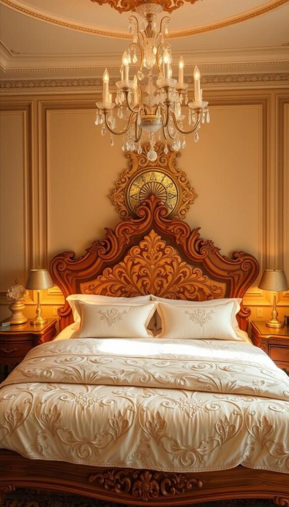 A luxurious bridal bedroom featuring an ornate, hand-carved wooden bed with intricate floral motifs. Plush, ivory-colored bedding and soft lighting from a crystal chandelier create an aura of romance and elegance. Antique, wooden nightstands with delicate brass accents flank the bed, while a decorative, gilded mirror hangs on the wall behind. The room is bathed in a warm, golden glow, complemented by traditional Pakistani-inspired textiles and ornaments that add depth and cultural richness to the scene. A luxurious bridal bedroom featuring an ornate, hand-carved wooden bed with intricate floral motifs. Plush, ivory-colored bedding and soft lighting from a crystal chandelier create an aura of romance and elegance. Antique, wooden nightstands with delicate brass accents flank the bed, while a decorative, gilded mirror hangs on the wall behind. The room is bathed in a warm, golden glow, complemented by traditional Pakistani-inspired textiles and ornaments that add depth and cultural richness to the scene.
