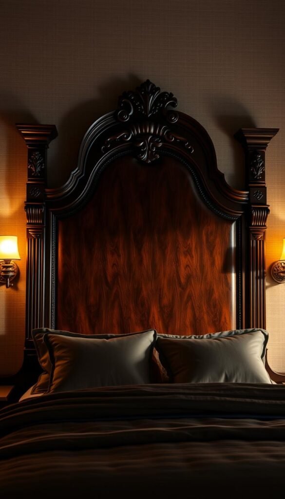 A luxurious, hand-crafted custom headboard made of dark, rich wood with intricate carving details. Warm, directional lighting casts dramatic shadows, highlighting the textured surface and creating an elegant, high-end atmosphere. The headboard's design features a central panel flanked by ornate side columns, creating a sense of balance and symmetry. Soft, diffused lighting from sconce fixtures on either side adds a touch of ambiance. The headboard is positioned against a neutral, textured wall, allowing it to be the focal point of the composition. The overall scene conveys a sense of sophisticated, bespoke craftsmanship and a sumptuous, hotel-like bedroom aesthetic. A luxurious, hand-crafted custom headboard made of dark, rich wood with intricate carving details. Warm, directional lighting casts dramatic shadows, highlighting the textured surface and creating an elegant, high-end atmosphere. The headboard's design features a central panel flanked by ornate side columns, creating a sense of balance and symmetry. Soft, diffused lighting from sconce fixtures on either side adds a touch of ambiance. The headboard is positioned against a neutral, textured wall, allowing it to be the focal point of the composition. The overall scene conveys a sense of sophisticated, bespoke craftsmanship and a sumptuous, hotel-like bedroom aesthetic.