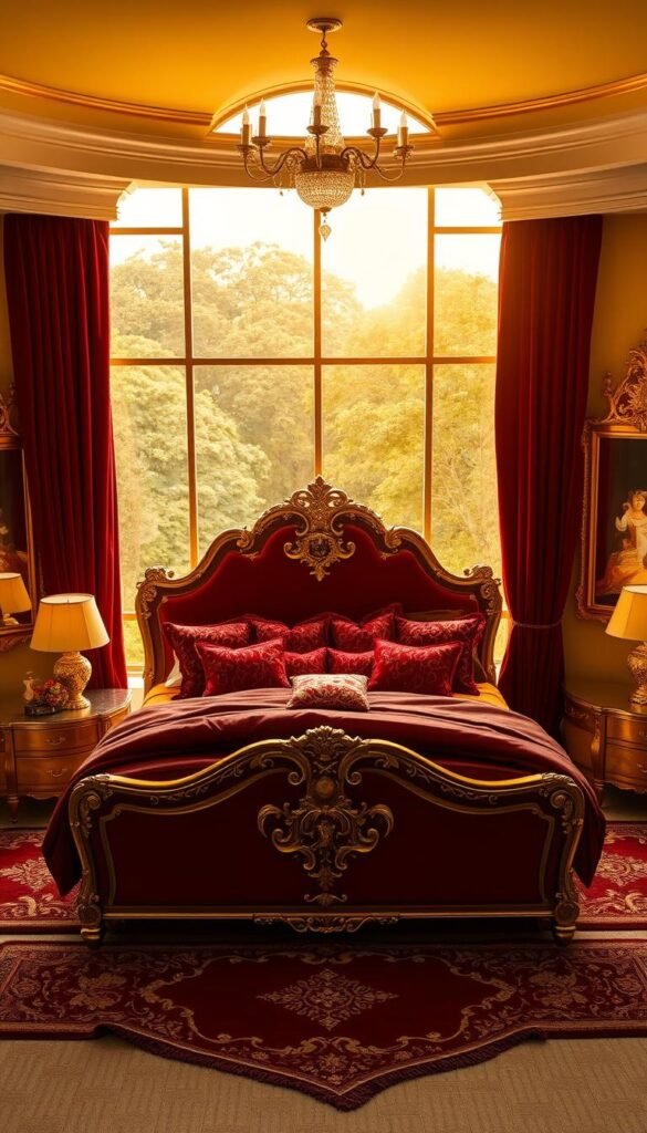 A luxurious maroon and gold bedroom, bathed in warm, golden light from a large window overlooking a lush, verdant landscape. Plush, velvety maroon curtains frame the scene, creating a sense of depth and drama. In the foreground, a grand, ornate bed with a matching maroon comforter and gold accents takes center stage, topped with an array of richly textured pillows. Elegant, gold-framed mirrors and artworks adorn the walls, reflecting the warm glow and adding to the opulent ambiance. Complementary maroon and gold throw blankets, rugs, and decorative accents complete the cohesive, high-end aesthetic, creating a truly glamorous and inviting retreat.