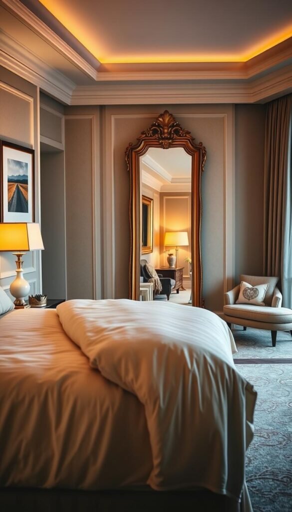 A luxurious, personalized bedroom space with warm, inviting lighting and elegant accents. In the foreground, a plush, tufted king-sized bed draped in high-quality linens and adorned with decorative throw pillows. On the nightstands, sleek lamps emit a soft, ambient glow. In the middle ground, a large, freestanding mirror with an ornate gold frame reflects the room's tranquil ambiance. The walls are adorned with custom-framed artwork, creating a refined, personalized touch. The background features a cozy sitting area with a comfortable chaise lounge and a large window overlooking a picturesque, natural landscape. The overall atmosphere exudes a sense of sophisticated comfort and tailored, high-end design.