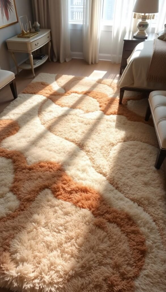 A luxurious, plush area rug with a captivating abstract pattern, cascading in shades of soft beige, muted gold, and warm ivory. The fibers gently rise and fall, inviting bare feet to sink into the sumptuous texture. Sunlight filters through sheer curtains, casting a gentle glow and creating a serene, tranquil atmosphere. The rug is the centerpiece of a well-appointed bedroom, complementing the elegant furnishings and creating a cozy, inviting ambiance. A luxurious, plush area rug with a captivating abstract pattern, cascading in shades of soft beige, muted gold, and warm ivory. The fibers gently rise and fall, inviting bare feet to sink into the sumptuous texture. Sunlight filters through sheer curtains, casting a gentle glow and creating a serene, tranquil atmosphere. The rug is the centerpiece of a well-appointed bedroom, complementing the elegant furnishings and creating a cozy, inviting ambiance.