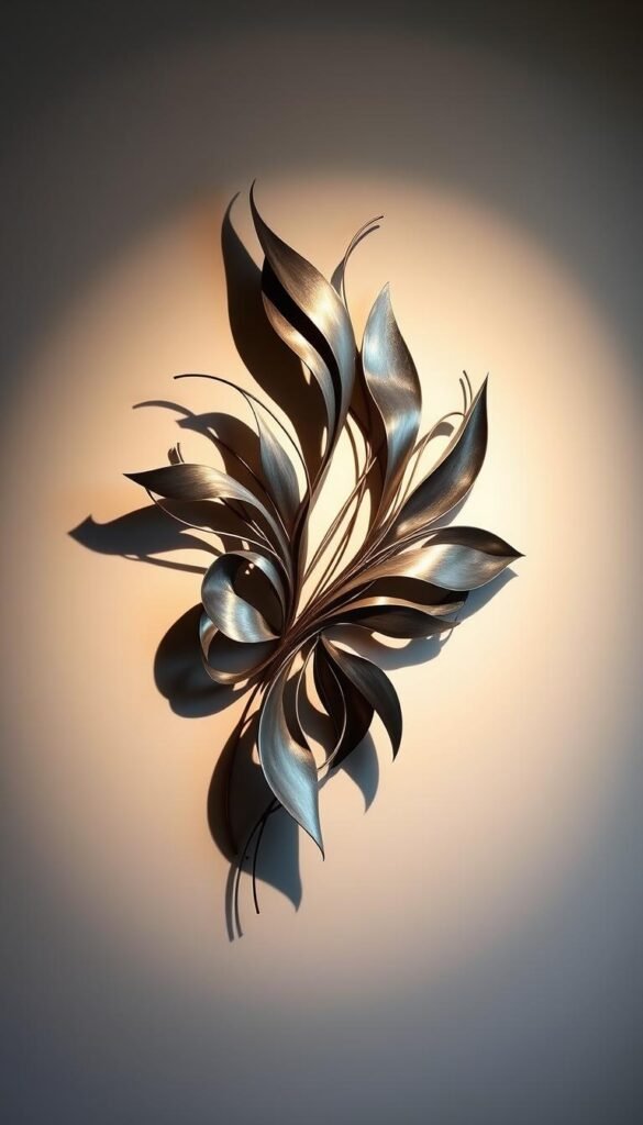 A meticulously crafted wall sculpture, featuring an abstract, organic composition of flowing metal forms. The sculpture is positioned against a minimalist, neutral-toned wall, allowing its sculptural elements to take center stage. Dramatic side lighting casts dramatic shadows, adding depth and dimension to the piece. The overall aesthetic is one of modern, sophisticated elegance, inviting the viewer to engage with the captivating interplay of light, shadow, and fluid, sculptural shapes. The sculpture serves as a bold, eye-catching focal point, elevating the space with its dynamic, artistic presence. A meticulously crafted wall sculpture, featuring an abstract, organic composition of flowing metal forms. The sculpture is positioned against a minimalist, neutral-toned wall, allowing its sculptural elements to take center stage. Dramatic side lighting casts dramatic shadows, adding depth and dimension to the piece. The overall aesthetic is one of modern, sophisticated elegance, inviting the viewer to engage with the captivating interplay of light, shadow, and fluid, sculptural shapes. The sculpture serves as a bold, eye-catching focal point, elevating the space with its dynamic, artistic presence.
