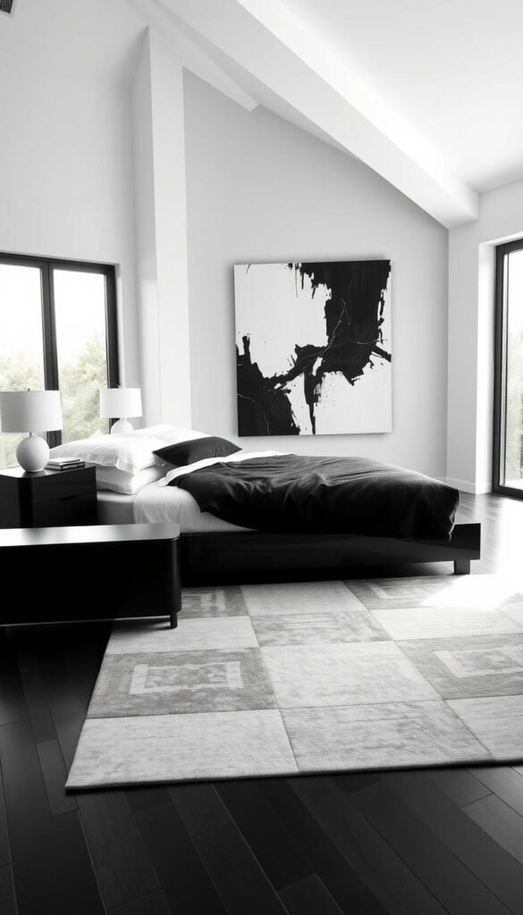 A meticulously designed black and white bedroom, exuding sophistication and timeless elegance. In the foreground, a sleek, modern bed frame in glossy ebony, adorned with crisp white linens and plush charcoal throw pillows. Beside it, a pair of minimalist nightstands in matte black, each topped with a simple white lamp, casting a warm, ambient glow. In the middle ground, a striking, geometric area rug in shades of gray anchors the space, leading the eye towards the far wall. There, a stunning black-and-white abstract canvas painting serves as the focal point, its bold brushstrokes complementing the room's monochrome palette. Large windows flood the scene with natural light, creating a serene, airy atmosphere and highlighting the elegant, high-contrast design.