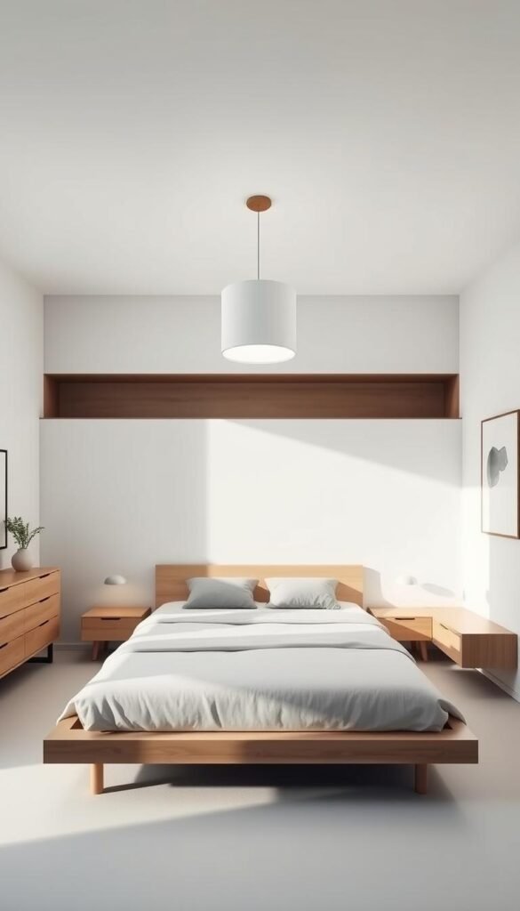 A minimalist bedroom interior with clean lines and a serene atmosphere. A neutral color palette of whites, greys, and natural wood tones, creating a calming ambiance. Soft, diffused lighting from a single pendant fixture illuminates the space, casting gentle shadows. The focal point is a low-profile platform bed with simple, geometric bedding. Complementing the bed are a pair of sleek, minimalist nightstands and a minimalist dresser. The room is uncluttered, with a few carefully selected decorative elements, such as a potted plant and a piece of abstract wall art. The overall impression is one of simplicity, balance, and tranquility.