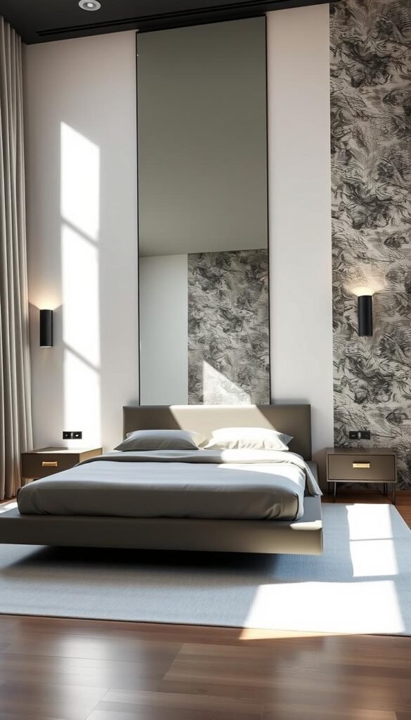 A modern chic bedroom with sleek, minimalist furniture and a sophisticated color palette. The foreground features a low-profile platform bed with clean lines, dressed in high-quality linens in muted tones. Flanking the bed are a pair of angular, floating nightstands with subtle brass hardware. The middle ground showcases a large, frameless mirror that reflects the natural light streaming in from floor-to-ceiling windows, creating an airy, luminous ambiance. The background depicts a feature wall with a textured, monochrome wallcovering, complemented by discreet, dimmable sconces that cast a warm, inviting glow. The overall scene conveys a sense of refined elegance and tranquility, perfect for a restful, luxurious retreat.