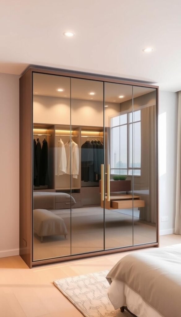 A modern, glass-fronted wardrobe stands in a well-lit bedroom. The cabinet's sleek, frameless design features expansive panes of crystal-clear glass, offering a glimpse into the neatly organized interior. Soft, diffused lighting from recessed fixtures above casts a warm, inviting glow, accentuating the wardrobe's transparency and creating a sense of openness. The wardrobe's placement near a large window allows natural daylight to flood the space, further enhancing the airy, luminous atmosphere. The clean, minimalist aesthetic harmonizes with the room's neutral color palette, creating a serene, harmonious environment that embodies the beauty of simplicity and light.