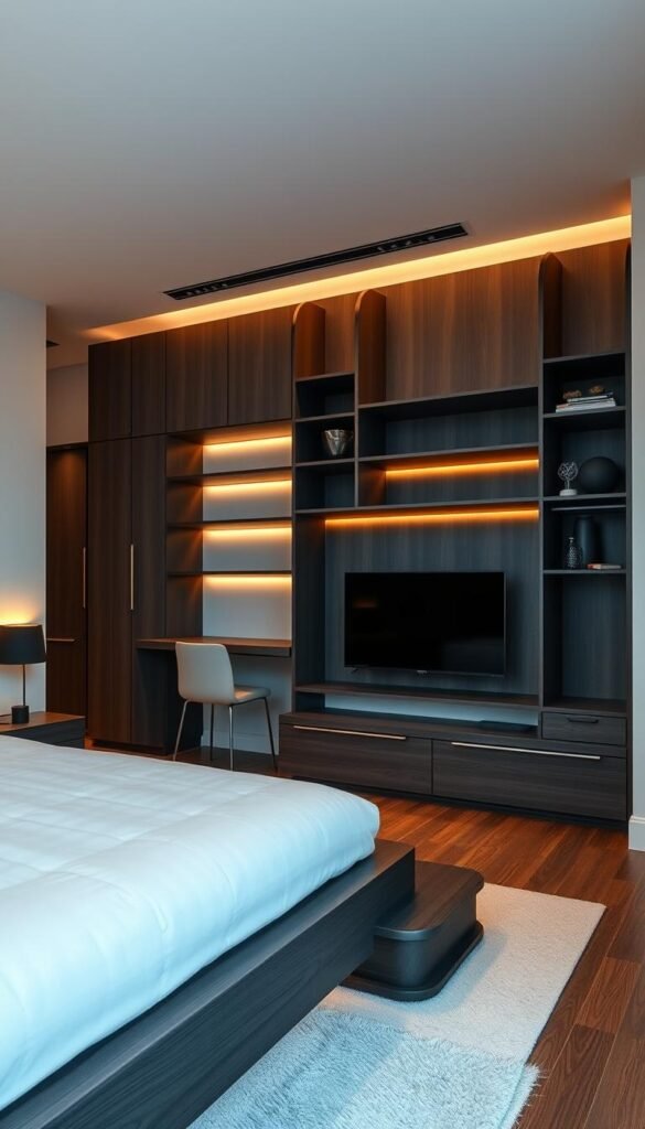 A modern, minimalist bedroom with sleek, multifunctional furniture solutions. In the foreground, a platform bed with built-in storage drawers and shelves. In the middle, a modular shelving unit that doubles as a desk and nightstand. In the background, a wall-mounted TV and a floating media console with hidden compartments. Warm, diffused lighting creates a cozy, relaxing atmosphere. Captured with a wide-angle lens to showcase the clever space-saving design. A modern, minimalist bedroom with sleek, multifunctional furniture solutions. In the foreground, a platform bed with built-in storage drawers and shelves. In the middle, a modular shelving unit that doubles as a desk and nightstand. In the background, a wall-mounted TV and a floating media console with hidden compartments. Warm, diffused lighting creates a cozy, relaxing atmosphere. Captured with a wide-angle lens to showcase the clever space-saving design.