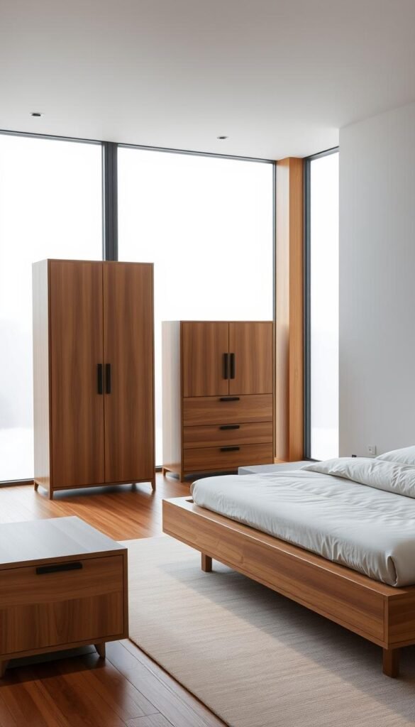 A modern, minimalist bedroom with streamlined furniture in a warm, natural wooden palette. In the foreground, a low-profile platform bed with clean lines and a floating nightstand with built-in lighting. In the middle ground, a minimalist dresser and armoire with integrated handles. The background features large windows that flood the space with soft, diffused natural light, creating a tranquil, airy atmosphere. The overall composition emphasizes simplicity, functionality, and a soothing, contemporary aesthetic.