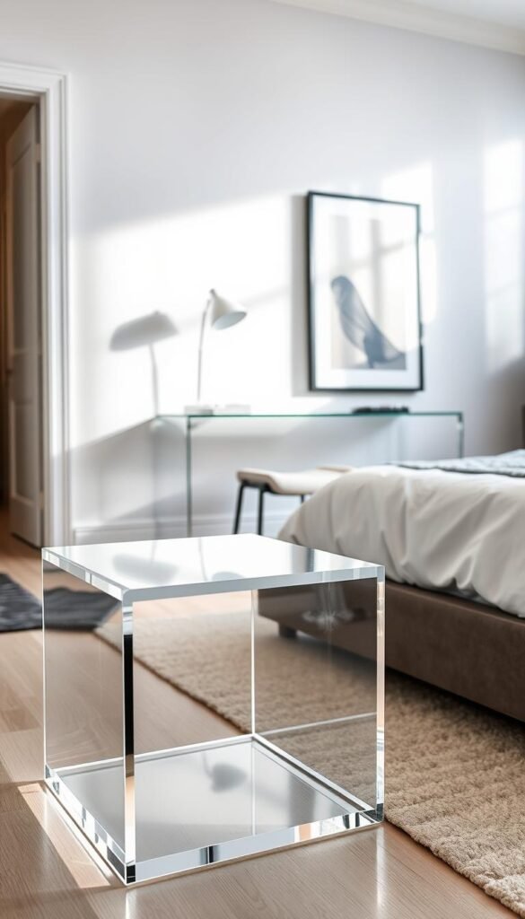 A modern, well-lit bedroom with clean lines and a minimalist aesthetic. In the foreground, a sleek, transparent acrylic side table with a subtle sheen, reflecting the soft lighting. In the middle ground, an acrylic desk with a streamlined silhouette, offering a clean and clutter-free workspace. The background features a large, framed artwork on the wall, complementing the contemporary, elegant feel of the room. The overall scene conveys the benefits of acrylic furniture, such as its durability, easy maintenance, and ability to create a sense of openness and brightness in the space. A modern, well-lit bedroom with clean lines and a minimalist aesthetic. In the foreground, a sleek, transparent acrylic side table with a subtle sheen, reflecting the soft lighting. In the middle ground, an acrylic desk with a streamlined silhouette, offering a clean and clutter-free workspace. The background features a large, framed artwork on the wall, complementing the contemporary, elegant feel of the room. The overall scene conveys the benefits of acrylic furniture, such as its durability, easy maintenance, and ability to create a sense of openness and brightness in the space.