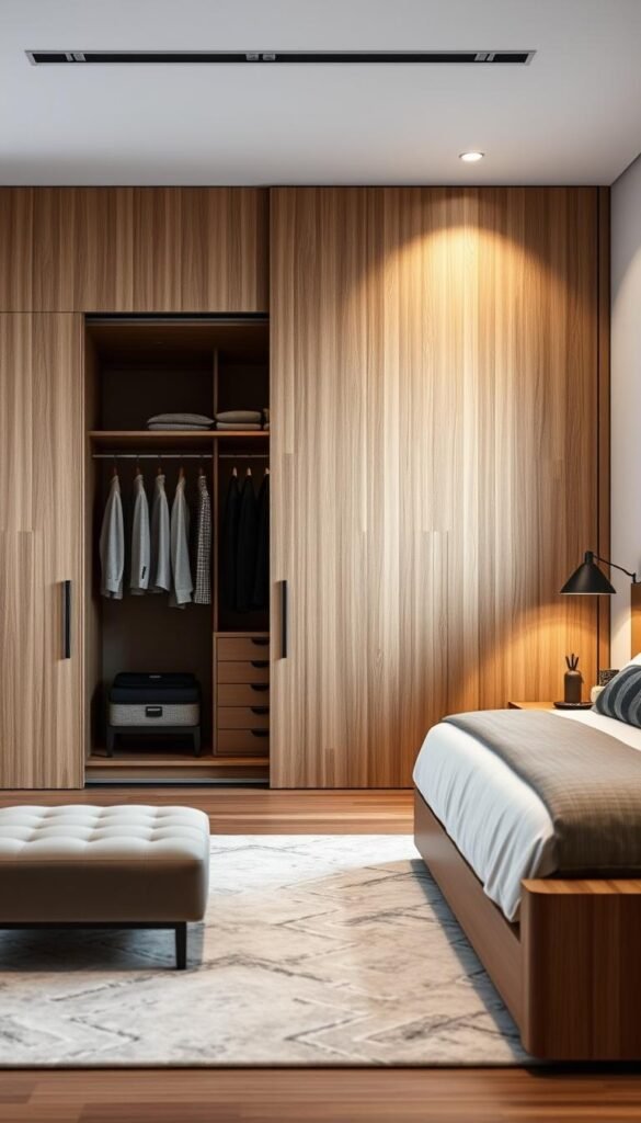 A modern, well-lit sliding wardrobe design with sleek, minimalist wooden panels in a warm, natural finish. The wardrobe is set against a backdrop of a tastefully furnished master bedroom, showcasing clean lines, neutral tones, and subtle textures. The sliding doors glide effortlessly, revealing a spacious, organized interior with ample storage space. The overall composition exudes a sense of sophistication and tranquility, perfectly complementing the serene ambiance of the modern bedroom setting. A modern, well-lit sliding wardrobe design with sleek, minimalist wooden panels in a warm, natural finish. The wardrobe is set against a backdrop of a tastefully furnished master bedroom, showcasing clean lines, neutral tones, and subtle textures. The sliding doors glide effortlessly, revealing a spacious, organized interior with ample storage space. The overall composition exudes a sense of sophistication and tranquility, perfectly complementing the serene ambiance of the modern bedroom setting.