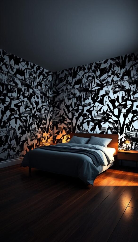A moody and atmospheric bedroom scene, showcasing a bold and graphic black and white pattern adorning the walls. The pattern is a captivating blend of geometric shapes, angular lines, and abstract elements, creating a visually striking focal point. The room is bathed in soft, warm lighting, casting a cozy and inviting ambiance. The wooden floor and simple, minimalist furnishings provide a perfect contrast to the dramatic pattern, allowing it to take center stage. The overall composition conveys a sense of modern sophistication and a touch of edginess, perfectly suited for a stylish and contemporary bedroom design.