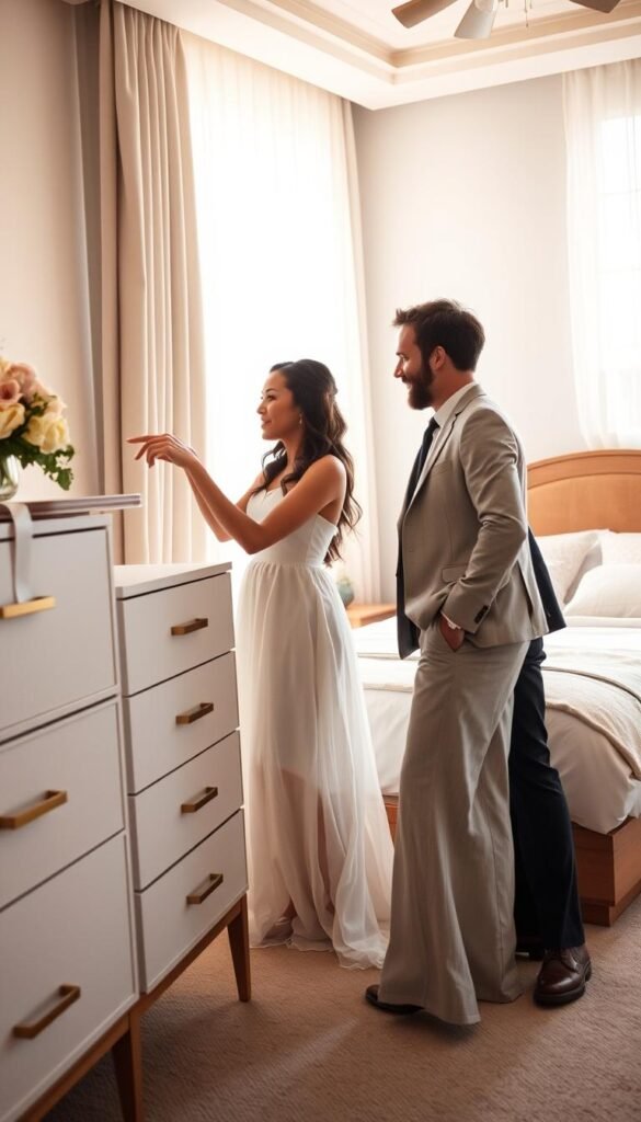 A newlywed couple stands in a cozy bedroom, carefully examining a selection of elegant bedroom furniture. The woman, wearing a flowing white dress, points to a sleek modern dresser, while her husband, in a sharp suit, nods in approval. Soft, warm lighting filters through sheer curtains, casting a romantic glow on the scene. In the background, a plush king-size bed with crisp white linens and a wooden headboard takes center stage. The room is adorned with subtle floral accents, reflecting the couple's refined taste. The couple's body language exudes a sense of excitement and collaboration as they choose the perfect pieces to make their new home their own.