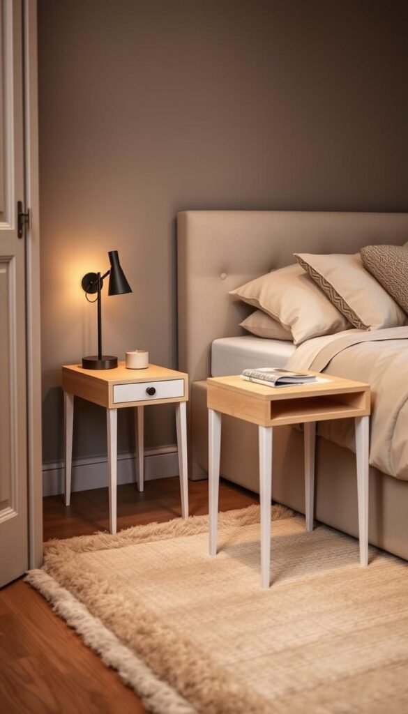 A pair of slimline bedside tables in a small, cozy bedroom. The tables have a minimalist, streamlined design with clean lines and a light wood or white finish. They are elevated on thin legs, taking up minimal floor space. Soft, warm lighting from sconces or lamps on the tables creates a gentle, inviting ambiance. The bedroom features muted, earthy tones, with a plush, neutral-colored rug and textured linens on the bed. The overall scene conveys a sense of calm, space-efficient functionality in a compact setting.