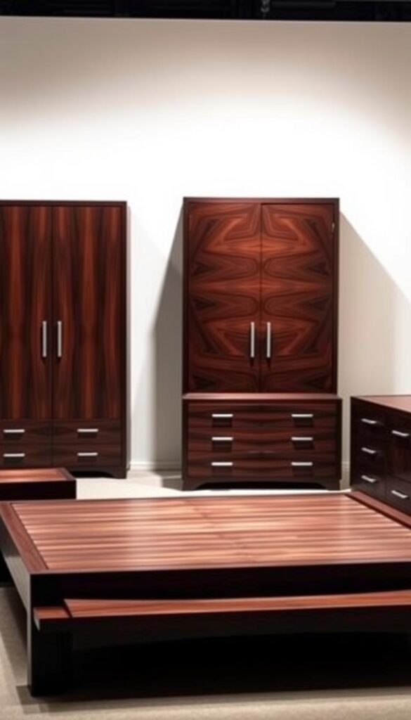 A selection of exquisite dark wood furniture pieces, meticulously crafted with a modern flair. In the foreground, a sleek, minimalist bed frame in a deep, rich mahogany hue, its clean lines and geometric shape conveying a sense of sophistication. Flanking it, a pair of matching nightstands with subtle angular details, their surfaces reflecting the warm glow of carefully positioned lighting. In the middle ground, a luxurious dresser with intricate wood grain patterns, its drawers adorned with understated metallic hardware. Beyond, a tall, slender wardrobe stands tall, its dark, seamless facade casting a subtle shadow across the scene. The overall atmosphere is one of refined elegance, the interplay of light and shadow creating a sense of depth and visual interest.