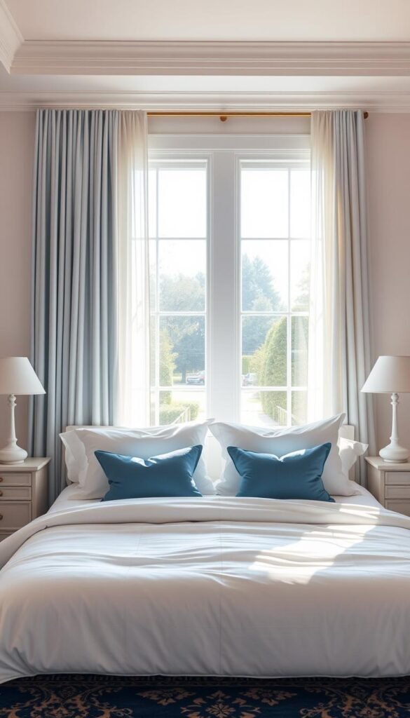 A serene and elegant blue and white bedroom scene, bathed in warm natural light filtering through sheer curtains. In the foreground, a plush king-size bed is adorned with crisp white linens, accented by soft blue throw pillows. On the nightstands, minimalist white lamps cast a gentle glow. The middle ground features a pair of tall, narrow windows framing a picturesque view of a tranquil garden. The background showcases clean white walls, complemented by a vintage-inspired blue and white area rug. An overall sense of harmony and timeless sophistication pervades the space. A serene and elegant blue and white bedroom scene, bathed in warm natural light filtering through sheer curtains. In the foreground, a plush king-size bed is adorned with crisp white linens, accented by soft blue throw pillows. On the nightstands, minimalist white lamps cast a gentle glow. The middle ground features a pair of tall, narrow windows framing a picturesque view of a tranquil garden. The background showcases clean white walls, complemented by a vintage-inspired blue and white area rug. An overall sense of harmony and timeless sophistication pervades the space.