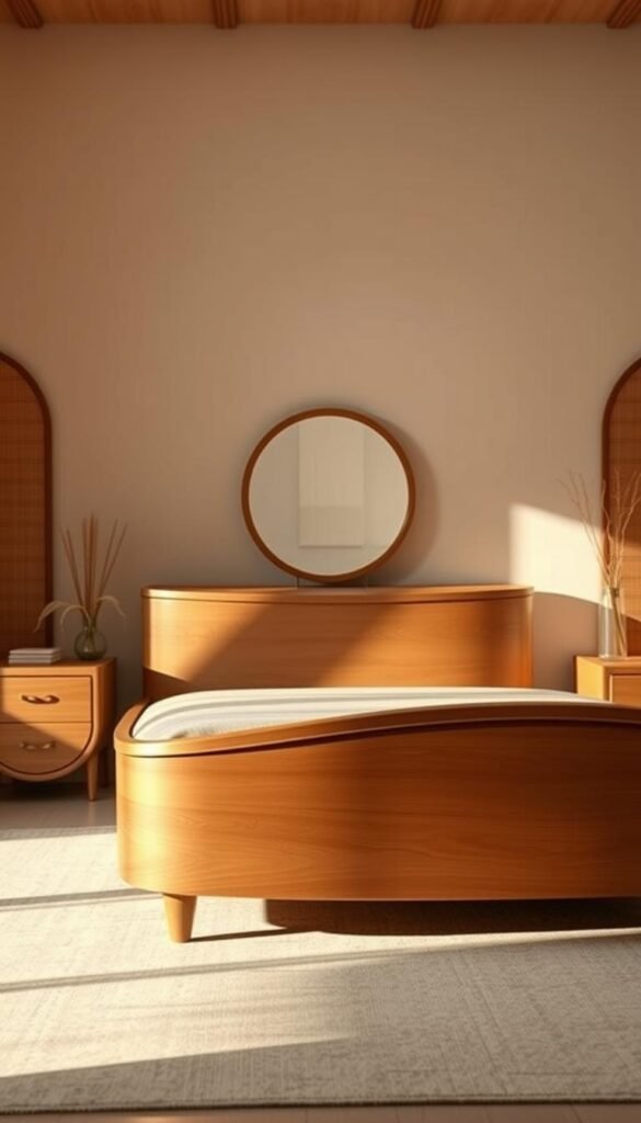A serene and inviting bedroom scene, bathed in warm, soft lighting. In the foreground, a gracefully curved wooden bed frame takes center stage, its organic lines and gentle contours creating a sense of sophistication and comfort. Complementing the bed, a pair of matching curved nightstands flank the sides, their surfaces adorned with subtle textures and elegant hardware. In the middle ground, a curved dresser or vanity unit adds a touch of elegance, its gently arched design reflecting the overarching theme. The background features a neutral color palette, with hints of natural materials like woven textiles or wooden accents, creating a calming and harmonious atmosphere. The overall composition evokes a sense of timeless, modern elegance, where form and function seamlessly blend to reimagine the bedroom experience.