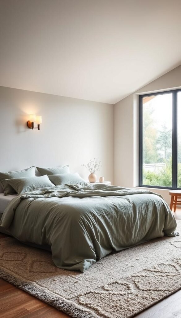A serene and inviting bedroom with a harmonious color palette. Soft, muted tones of sage green, dusty blue, and ivory create a calming atmosphere. Gentle lighting from a pair of sconces casts a warm glow, illuminating the textured linen bedding and plush area rug. In the background, a large window offers a view of a tranquil outdoor scene, with lush greenery and a hint of the sky. The overall impression is one of relaxation and rejuvenation, perfect for embracing a soothing respite from the day. A serene and inviting bedroom with a harmonious color palette. Soft, muted tones of sage green, dusty blue, and ivory create a calming atmosphere. Gentle lighting from a pair of sconces casts a warm glow, illuminating the textured linen bedding and plush area rug. In the background, a large window offers a view of a tranquil outdoor scene, with lush greenery and a hint of the sky. The overall impression is one of relaxation and rejuvenation, perfect for embracing a soothing respite from the day.