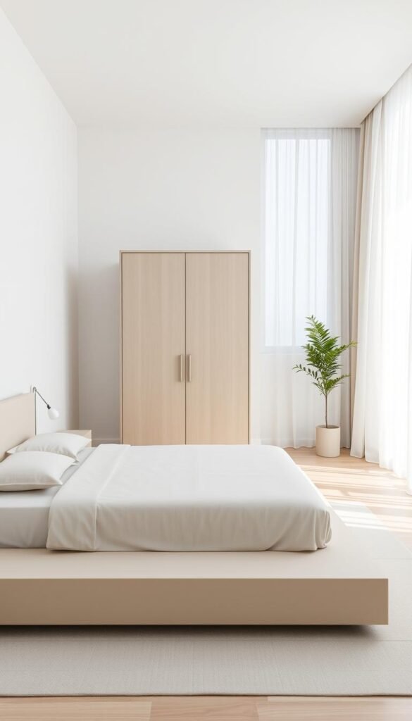 A serene minimalist bedroom set against a softly lit, airy backdrop. In the foreground, a low-profile platform bed with clean lines and a neutral-toned linen duvet. Beside it, a sleek nightstand with a simple table lamp and a single potted plant. In the middle ground, a freestanding wardrobe with understated design, its muted hue complementing the overall aesthetic. The background features a large window with sheer curtains, allowing natural light to filter in and create a calming, zen-like ambiance. The entire scene is captured with a wide-angle lens, emphasizing the sense of space and minimalism.