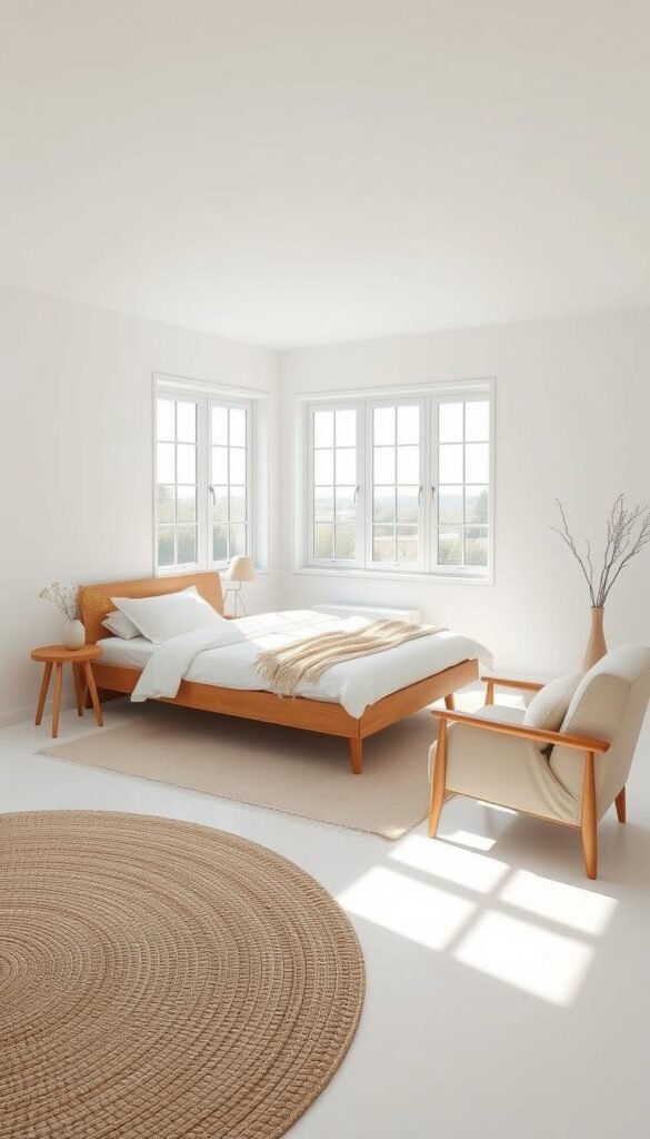 A serene, minimalist bedroom with a neutral color palette and clean, modern lines. Soft white walls provide a calming backdrop, accentuated by a low-profile wooden bed frame adorned with crisp, white bedding. Natural light streams in through large windows, casting a warm glow over the space. Subtle textural elements, such as a woven area rug and a linen-upholstered armchair, add depth and visual interest. The overall atmosphere is one of simplicity, tranquility, and refined sophistication.