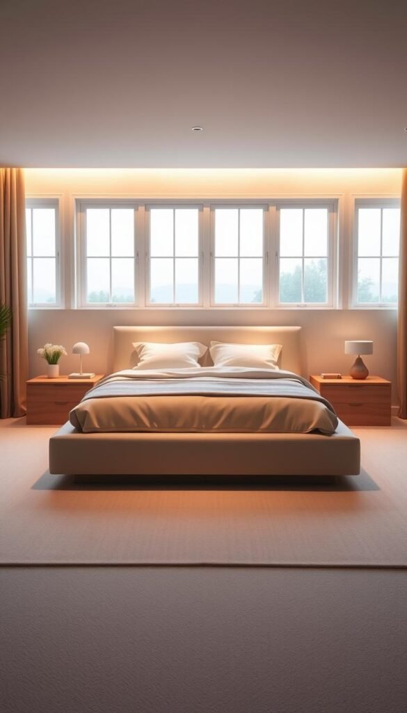 A serene, symmetrical bedroom layout with a centered platform bed framed by two matching nightstands. Soft, warm lighting illuminates the scene, creating a cozy and tranquil atmosphere. The bed is adorned with plush bedding in neutral tones, complemented by minimal, modern decor on the nightstands. Large windows in the background allow natural light to filter in, casting gentle shadows and highlighting the clean lines of the furniture. The overall composition is balanced and visually appealing, capturing the essence of a classic, yet contemporary bedroom design.