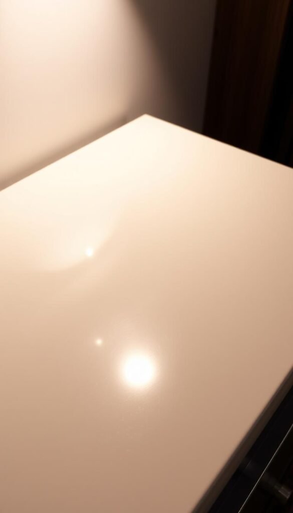 A sleek, high-gloss sunmica surface gleams under a soft, diffused light, reflecting the clean lines of a modern bedroom dresser. The polished material appears almost liquid, with subtle gradients of light and shadow dancing across its flawless finish. The dresser's sharp edges are softened by the lustrous sheen, creating a sense of depth and dimension. Carefully arranged lighting from above and behind casts a warm, atmospheric glow, heightening the luxurious feel of the high-end material. The overall scene exudes a sense of refinement, elegance, and a touch of glamour, perfectly capturing the essence of "high-gloss sunmica finishes" in a bedroom furniture design. A sleek, high-gloss sunmica surface gleams under a soft, diffused light, reflecting the clean lines of a modern bedroom dresser. The polished material appears almost liquid, with subtle gradients of light and shadow dancing across its flawless finish. The dresser's sharp edges are softened by the lustrous sheen, creating a sense of depth and dimension. Carefully arranged lighting from above and behind casts a warm, atmospheric glow, heightening the luxurious feel of the high-end material. The overall scene exudes a sense of refinement, elegance, and a touch of glamour, perfectly capturing the essence of "high-gloss sunmica finishes" in a bedroom furniture design.