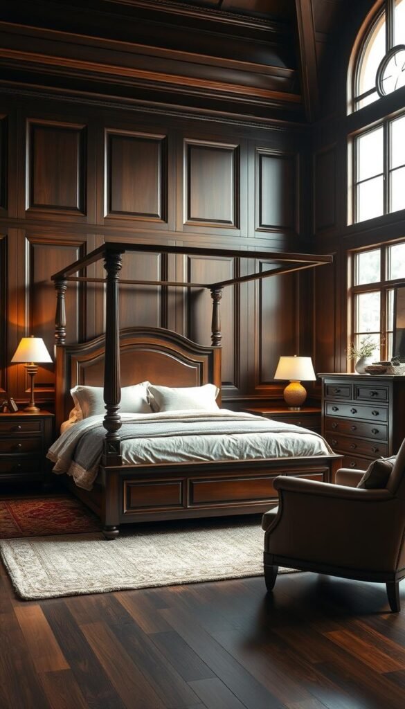 A spacious and serene dark wood bedroom sanctuary, bathed in warm, soft lighting. The focal point is a grand four-poster bed draped in luxurious bedding, surrounded by solid wood nightstands and a dresser. The walls are adorned with intricate wall panels, while a plush area rug and a cozy armchair in the corner create a cozy, intimate atmosphere. Large windows allow natural light to filter in, casting a gentle glow over the meticulously crafted wooden furniture. The overall design exudes a sense of timeless elegance and tranquility, inviting the viewer to escape into a haven of relaxation and comfort.