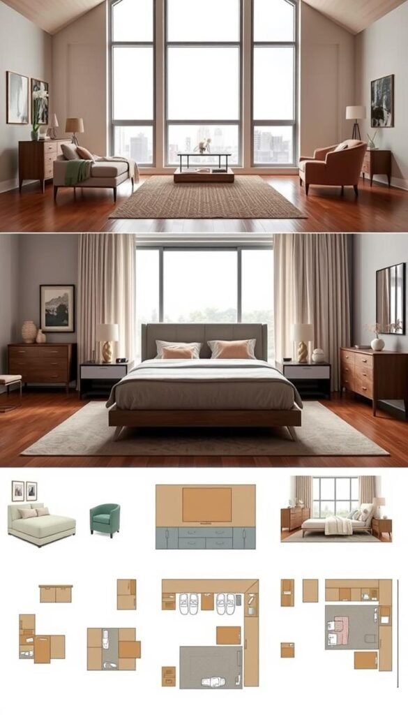 A spacious bedroom with various layout options showcased. The foreground features a queen-sized bed positioned in the center, flanked by sleek bedside tables. The middle ground displays a range of furniture arrangements, including a chaise lounge, a dresser, and a cozy armchair. The background showcases large windows allowing natural light to flood the room, creating a warm and inviting atmosphere. The room is adorned with neutral tones, with pops of color in the accessories and textiles. The scene is captured with a wide-angle lens, providing a comprehensive view of the potential layout choices. The overall mood is one of tranquility and effortless style, inspiring the viewer to envision their perfect bedroom configuration. A spacious bedroom with various layout options showcased. The foreground features a queen-sized bed positioned in the center, flanked by sleek bedside tables. The middle ground displays a range of furniture arrangements, including a chaise lounge, a dresser, and a cozy armchair. The background showcases large windows allowing natural light to flood the room, creating a warm and inviting atmosphere. The room is adorned with neutral tones, with pops of color in the accessories and textiles. The scene is captured with a wide-angle lens, providing a comprehensive view of the potential layout choices. The overall mood is one of tranquility and effortless style, inspiring the viewer to envision their perfect bedroom configuration.