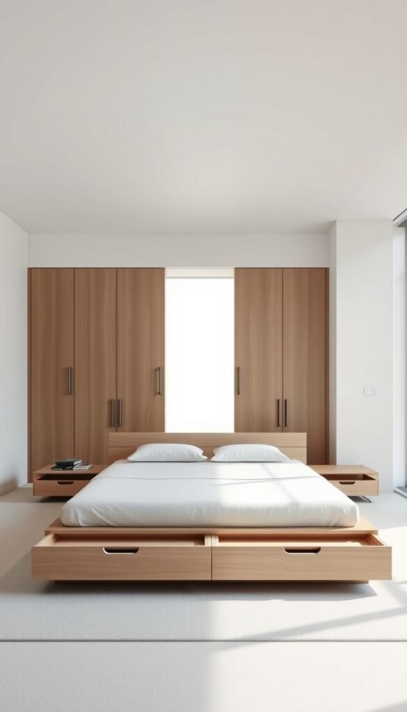 A spacious, minimalist bedroom with sleek, modular furniture pieces that maximize storage capacity. A low-profile platform bed with built-in drawers dominates the foreground, complemented by a pair of compact nightstands with hidden compartments. In the middle ground, a minimalist wardrobe with sliding doors seamlessly blends into the wall, providing ample hanging and folding space. The background features a large window that floods the room with soft, natural lighting, creating a serene and tranquil atmosphere. The overall aesthetic is clean, uncluttered, and focused on efficient spatial organization, embodying the principles of a minimalist, yet functional, bedroom design.