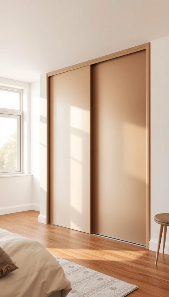A spacious, minimalist sliding door wardrobe design in a well-lit, airy bedroom. The smooth, matte-finish doors glide effortlessly, revealing a neatly organized interior with ample shelving and hanging space. Warm, natural lighting from large windows bathes the room in a soft, inviting glow, highlighting the clean lines and subtle textures of the wardrobe's simple, contemporary aesthetic. The wardrobe's sliding mechanism maximizes the available floor space, creating a seamless, uncluttered flow throughout the bedroom. A serene, sophisticated atmosphere that embodies the perfect balance between form and function.