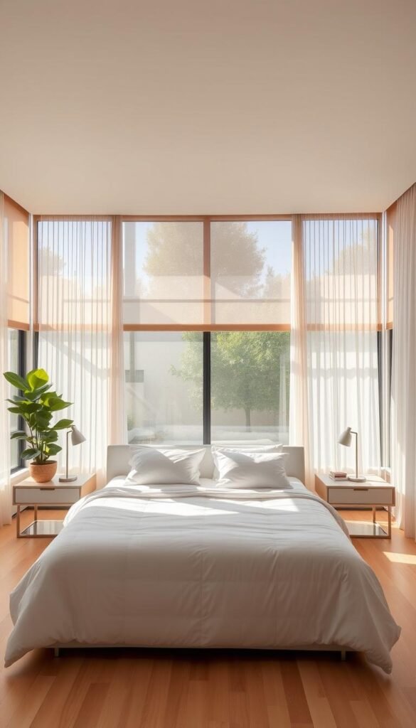 A spacious, sun-lit bedroom with a focal wall of large, contemporary windows. The window treatments, a combination of sheer curtains and sleek blinds, gently filter the natural light, creating a warm, cozy ambiance. The bedding, a minimalist white duvet and plush pillows, complements the light hardwood flooring. A modern, low-profile nightstand with a single table lamp sits on either side of the bed, while a lush, potted plant in the corner adds a touch of greenery. The overall design is clean, uncluttered, and emphasizes the harmonious interplay between the natural light and the carefully curated bedroom furnishings.
