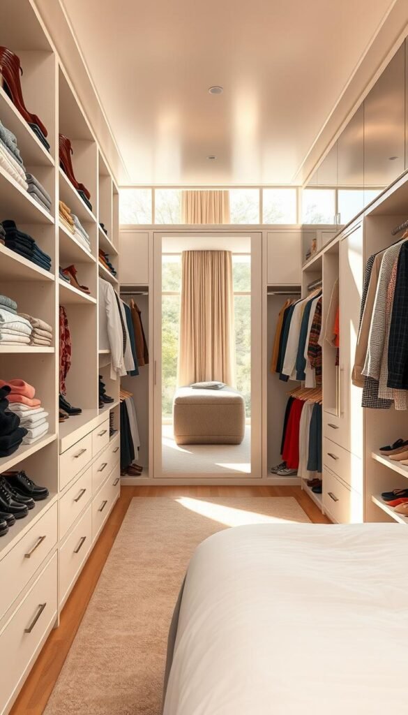 A spacious walk-in closet with a bright, airy atmosphere. The foreground features meticulously organized shelves, drawers, and hanging rods showcasing an assortment of neatly folded clothes, shoes, and accessories. The middle ground presents a full-length mirror reflecting the interior, allowing for easy wardrobe selection. In the background, warm, natural lighting filters through large windows, illuminating the closet's clean, minimalist design. Sleek, white cabinetry and wood accents create a harmonious, high-end aesthetic. The overall mood is one of tranquility, organization, and a sense of luxurious personal space within a spacious bedroom setting.