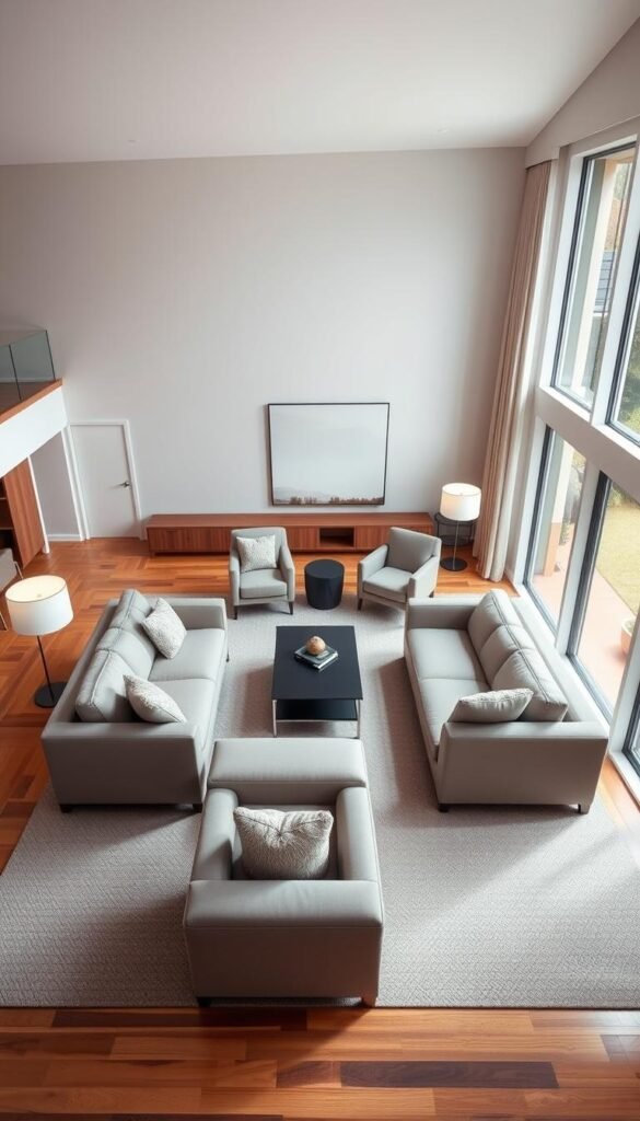 A spacious, well-lit living room showcasing the principles of functional furniture layout. In the foreground, a plush sectional sofa with clean lines is arranged in an inviting L-shape, creating a cozy conversation area. Perpendicular to the sofa, a modern coffee table grounds the space. In the middle ground, two matching armchairs flank a sleek side table, forming a balanced seating arrangement. The background features a large window, allowing natural light to flood the room and highlighting the neutral color palette of beige, gray, and warm wood tones. Carefully placed task lighting, such as floor lamps and table lamps, provide soft, even illumination throughout. The overall atmosphere conveys a sense of harmony, practicality, and timeless style.