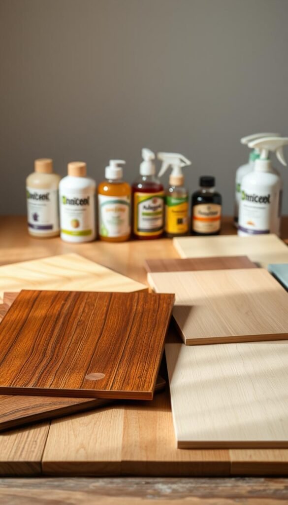 A still life arrangement showcasing protective furniture finishes. In the foreground, a wooden table or surface displays sample panels coated in high-gloss varnish, satin-smooth polyurethane, and sleek lacquer in various shades. Soft, directional lighting accentuates the sheen and depth of the finishes, casting subtle shadows that highlight their textural qualities. In the middle ground, bottles and applicators relevant to the finishing process are neatly arranged, conveying a sense of craftsmanship. The background is a softly blurred, neutral setting, allowing the materials to take center stage and demonstrate their durability and protective properties for indoor furniture. A still life arrangement showcasing protective furniture finishes. In the foreground, a wooden table or surface displays sample panels coated in high-gloss varnish, satin-smooth polyurethane, and sleek lacquer in various shades. Soft, directional lighting accentuates the sheen and depth of the finishes, casting subtle shadows that highlight their textural qualities. In the middle ground, bottles and applicators relevant to the finishing process are neatly arranged, conveying a sense of craftsmanship. The background is a softly blurred, neutral setting, allowing the materials to take center stage and demonstrate their durability and protective properties for indoor furniture.